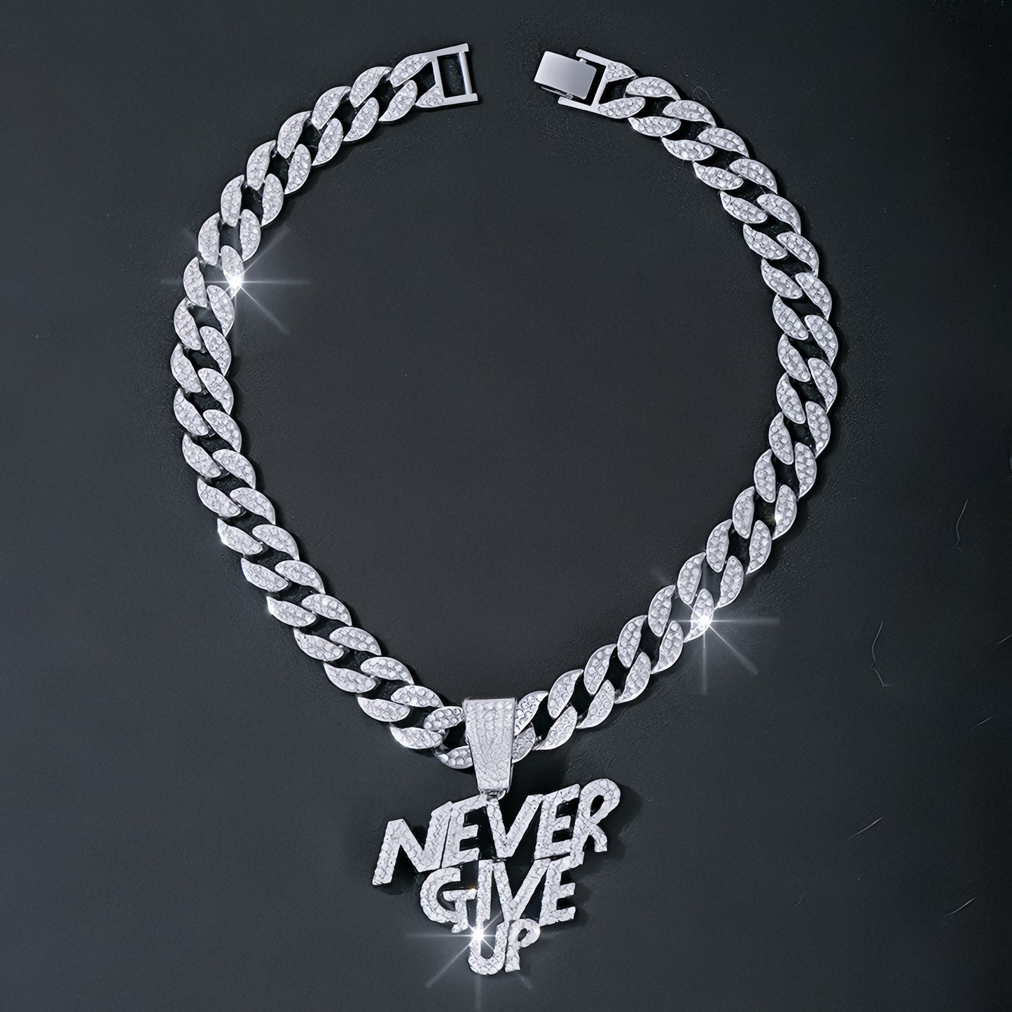 Never give up pendant hip hop Cuban chain necklace, chain length 18in wide 0.59in, gift box