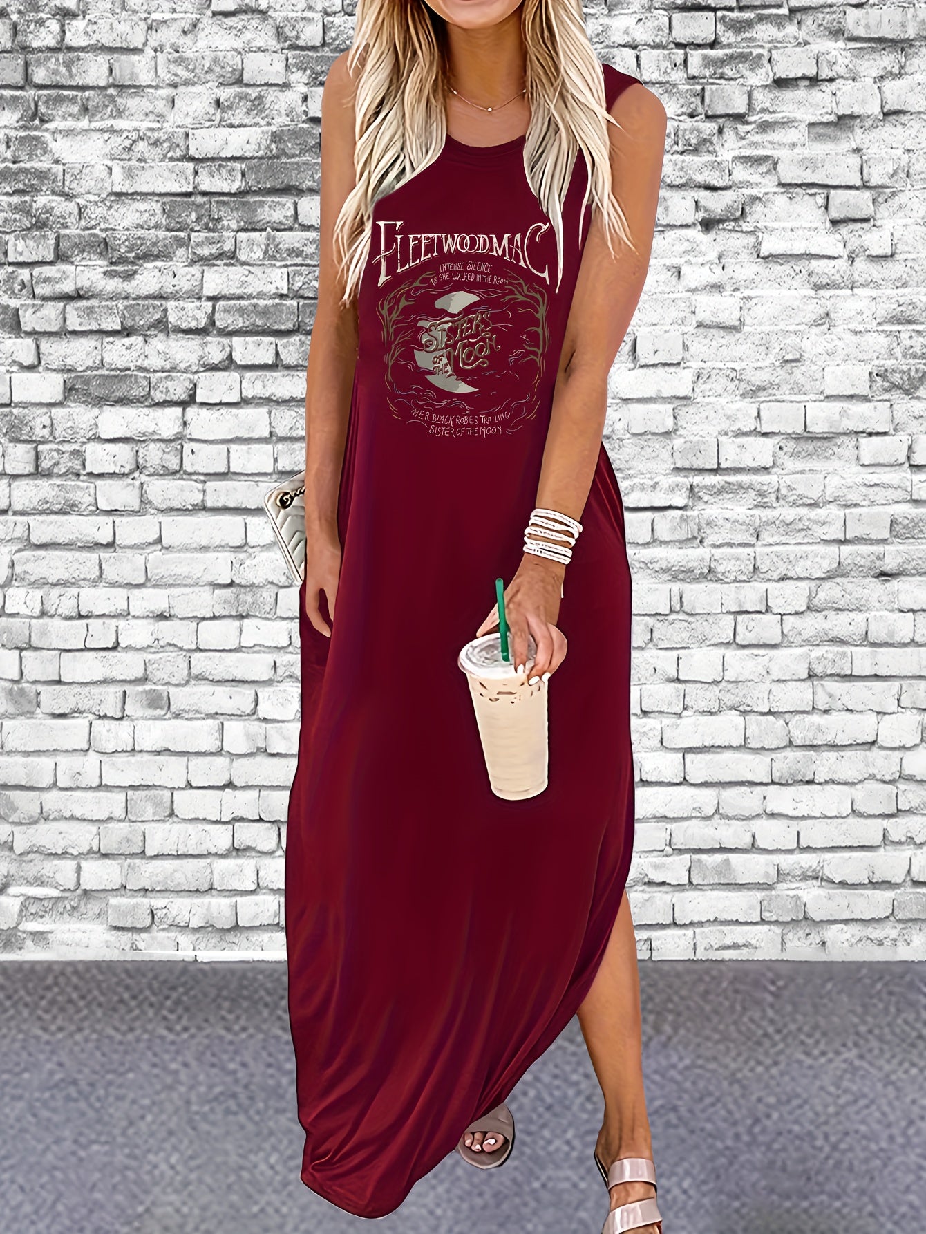 Fleet Wood Mac Print Sleeveless Tee Dress, Casual Tank Dress For Spring & Summer, Women's Clothing