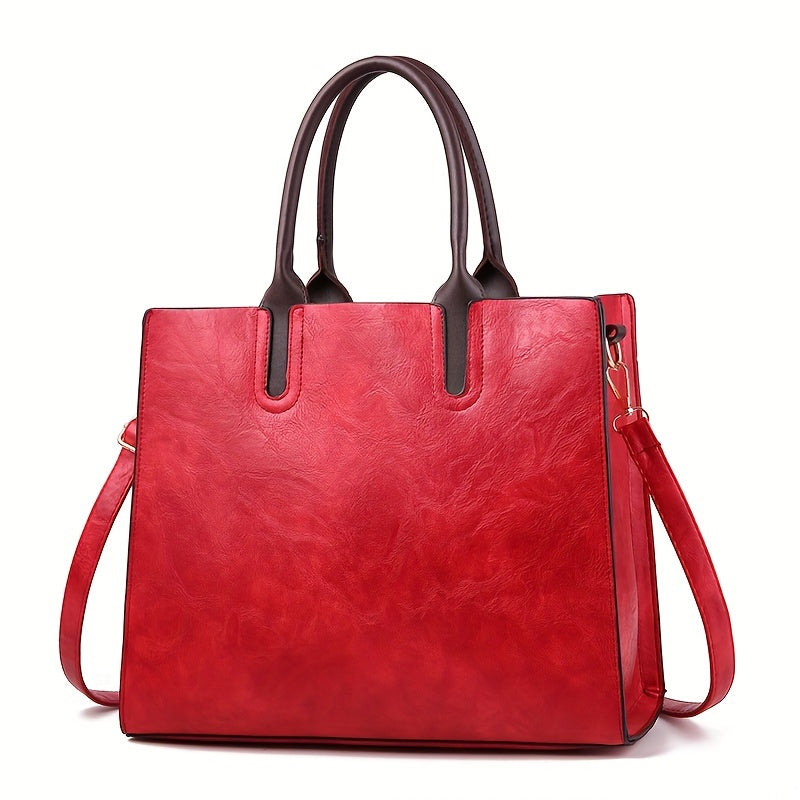 Women's Vintage Commuter Tote Bag New Soft Leather Fashion Tote, PU Material, Zipper Closure, Waxed Edges, Available in Red, Black, Pink, Beige, Grey, Green - No Included Components