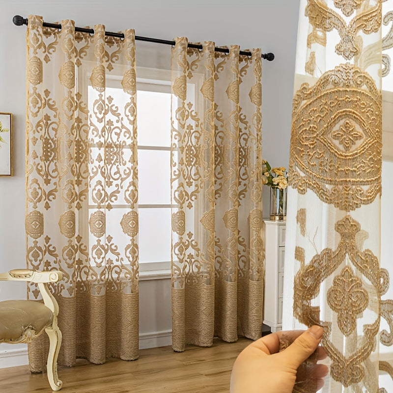1pc Luxurious Golden Jacquard Window Screen Curtain - Elegant Home Decor for Living Room, Bedroom, Balcony with Sunlight Filtering, Dust Blocking, and Privacy Protection - Easy to Install and Maintain