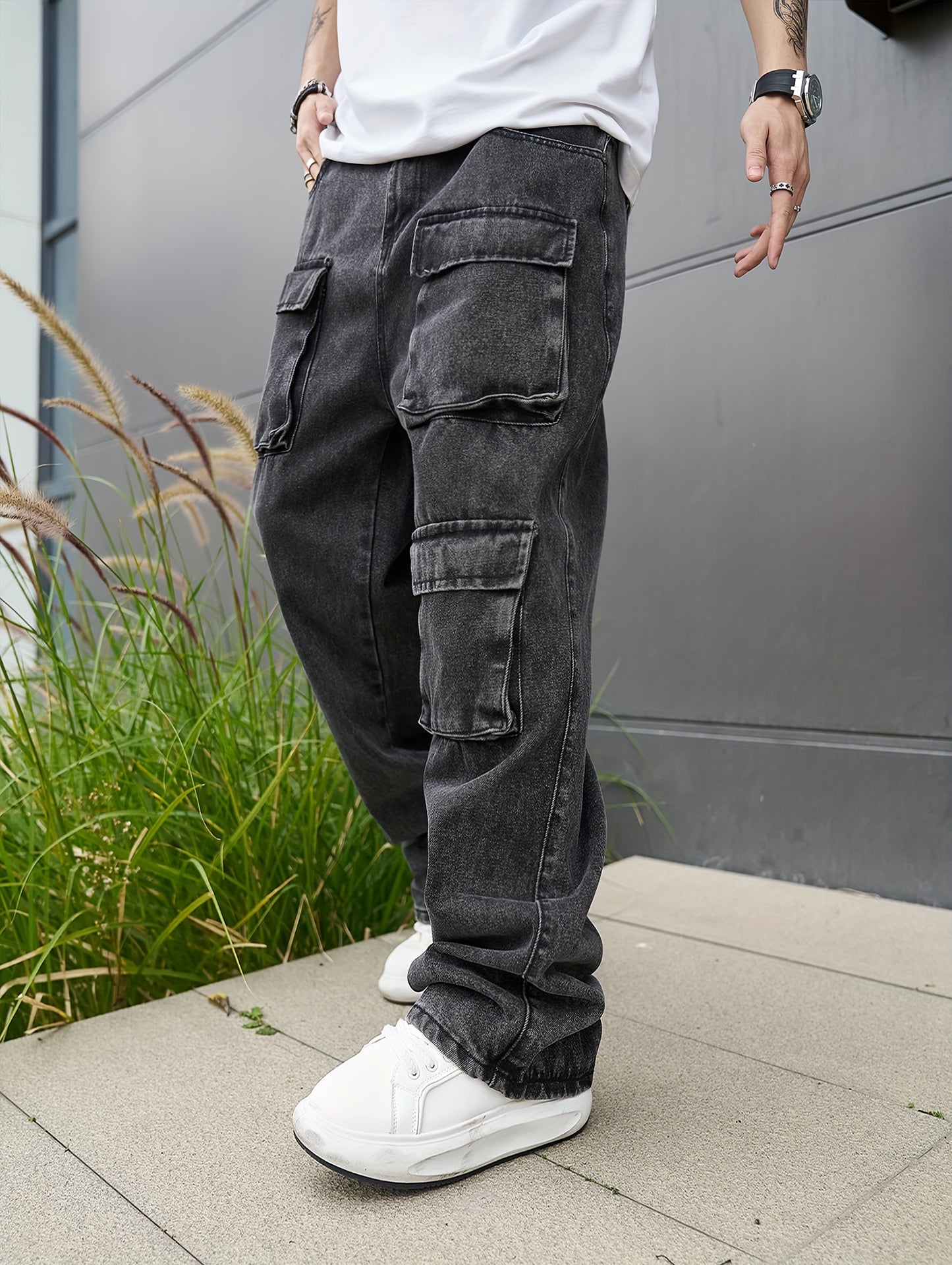 Mens Casual Loose Cargo Jeans - Solid Cotton Blend with Adjustable Drawstring & Multiple Pockets - All Seasons, Rugged for Outdoor, Leisure, and Work Wear