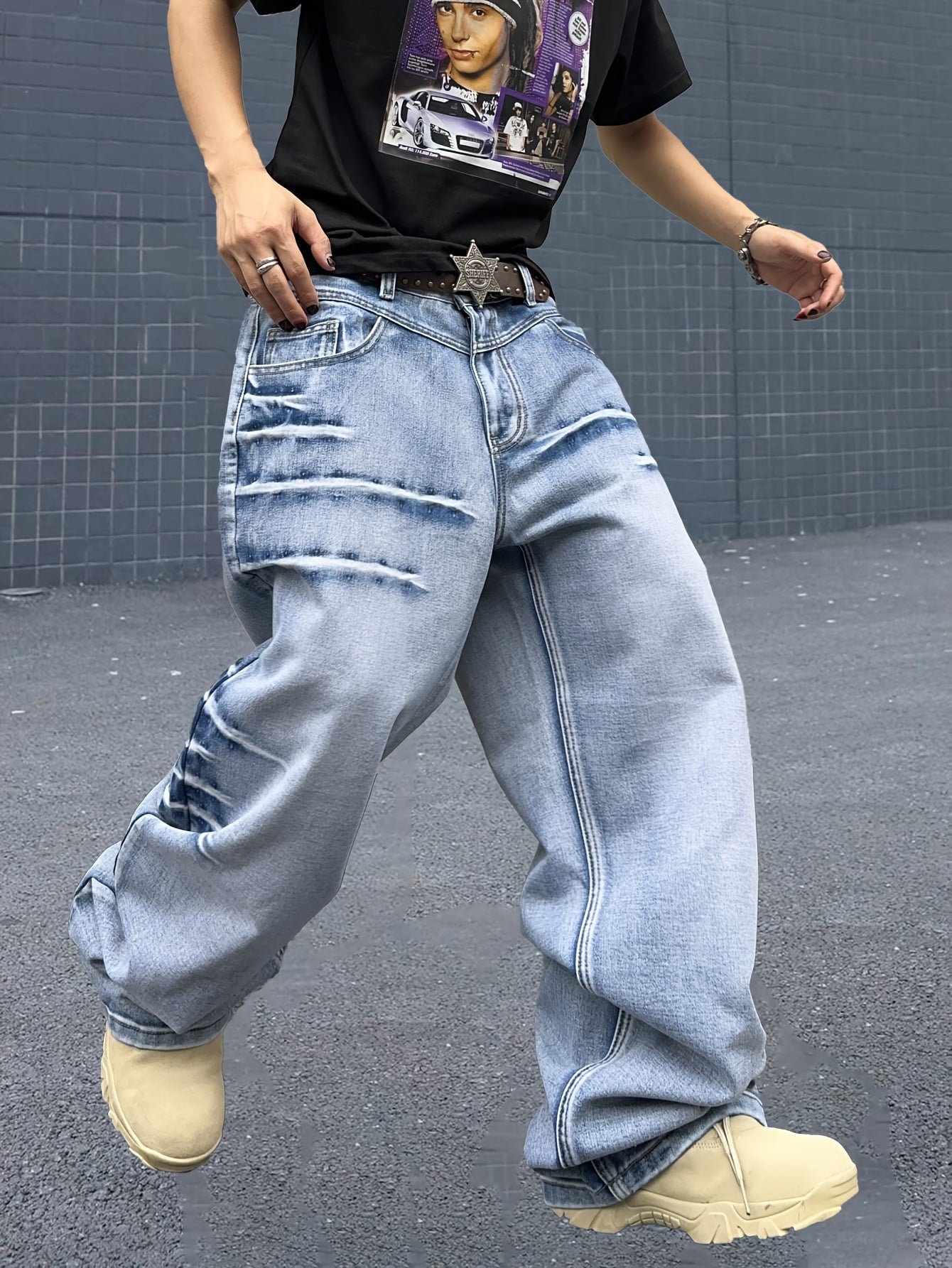 Men's Fashion Retro Washed Lightning Stripe Casual Loose Fit Cotton Blend Jeans with Pockets - Woven, Non-Stretch, Solid Color, Regular Length for Spring/Fall
