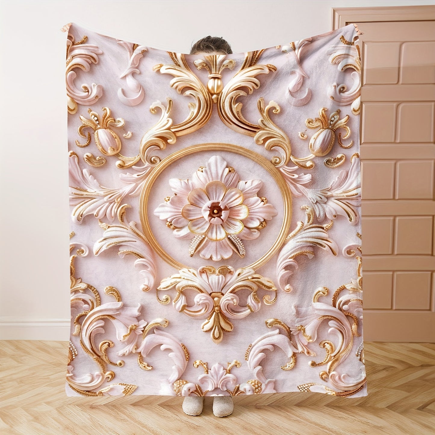 1pc Pink Flower Print Flannel Blanket, Soft And Comfortable Throw Blanket Bed, Sofa, Office, Gift, Camping And Travel, Warm Lightweight Blanket For All Seasons