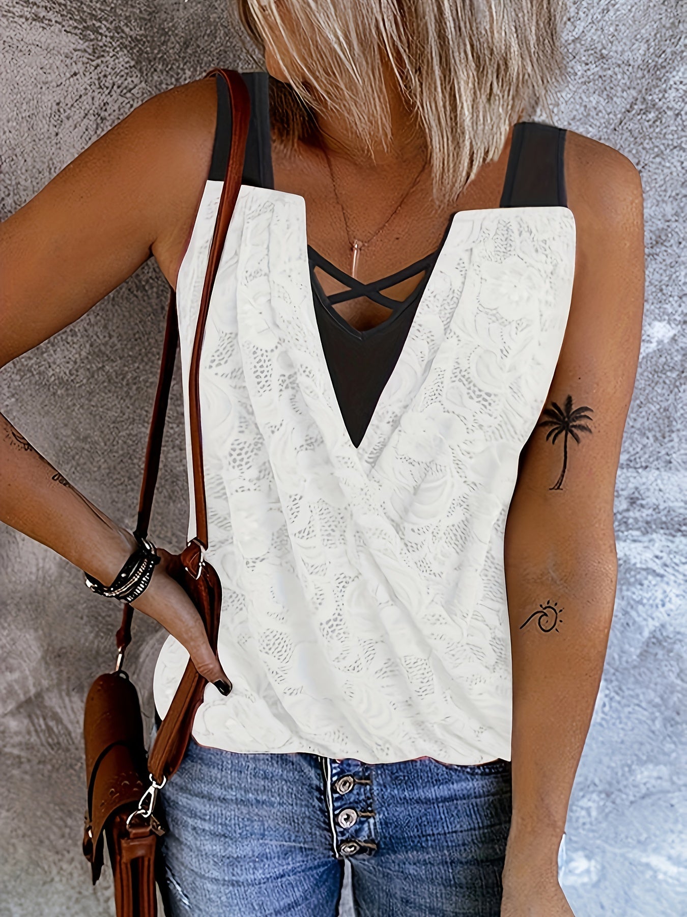 Chic Ruched Sleeveless Tank Top - Lace Detailing, Comfort Fit for Casual Summer Days, Womens Fashion