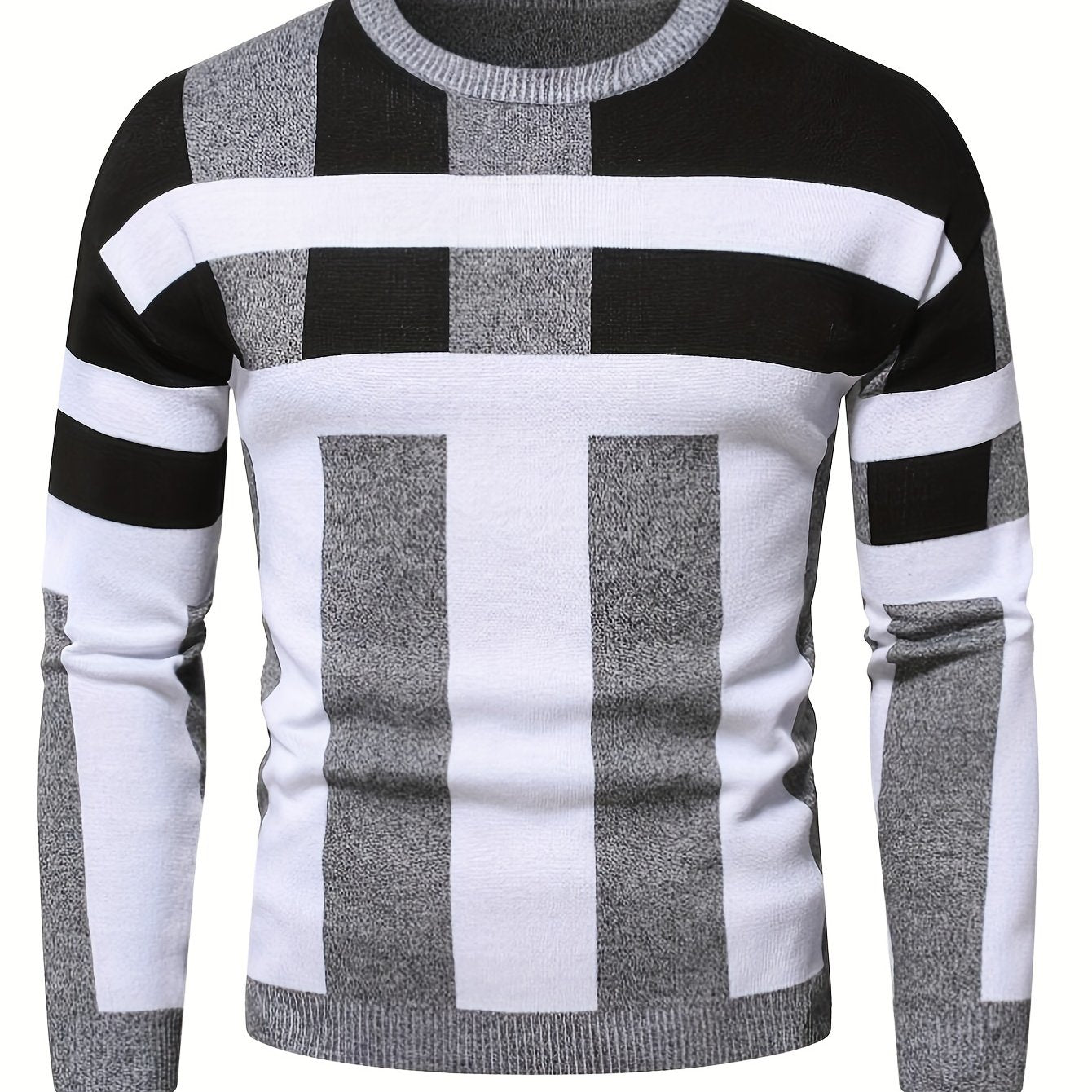 Mens Stylish Color Block Round Neck Stretch Sweater - Soft, Warm, and Trendy Pullover for Winter Outdoor Activities - Perfect for Casual Wear