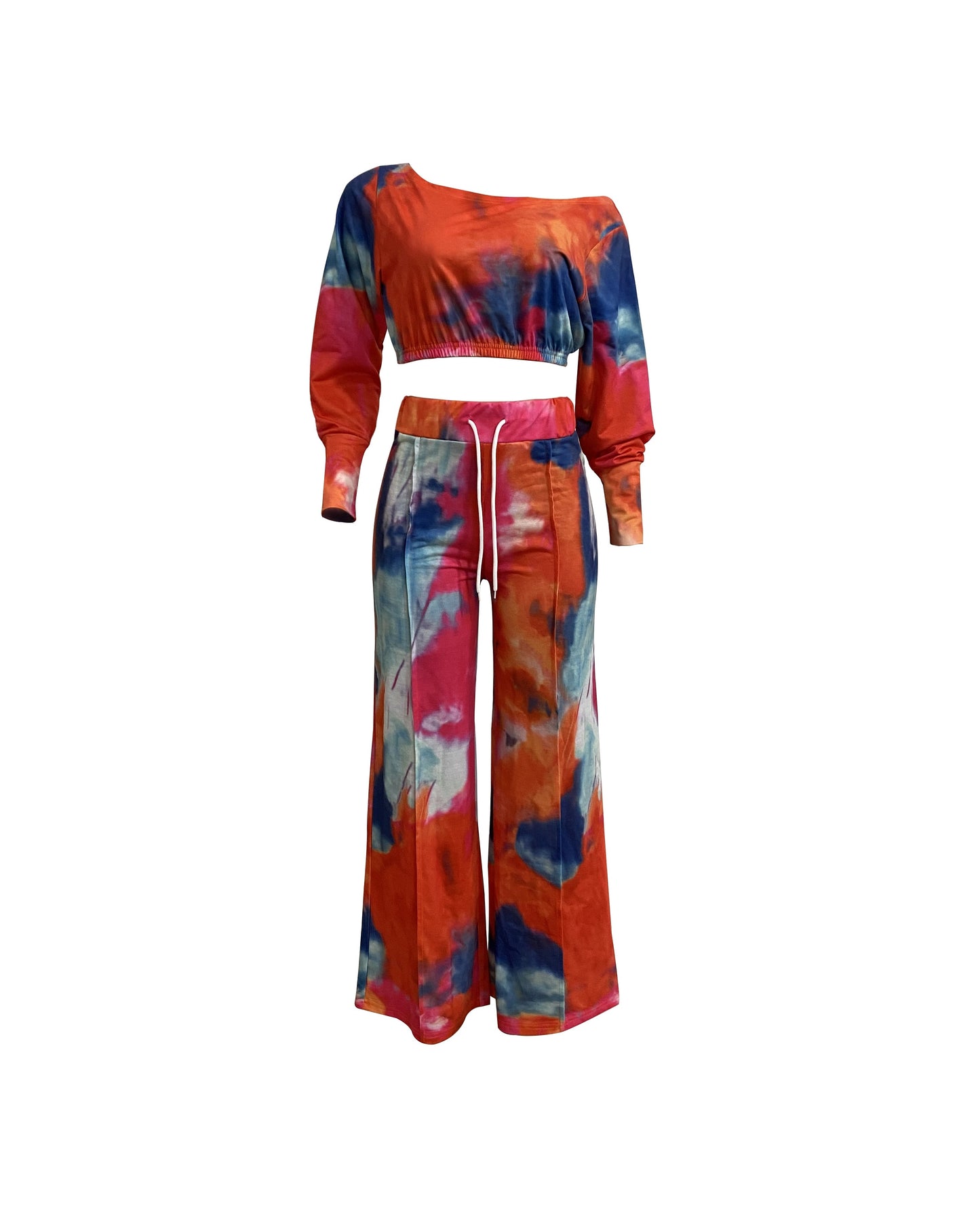 Trendy Tie Dye Two-piece Outfit Set - Soft Long Sleeve Crop Top & Adjustable Drawstring Pants - Casual, Comfortable, and Flattering Womens Clothing