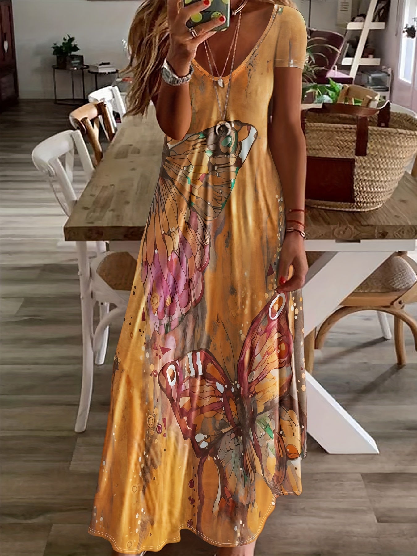 Butterfly Print V-Neck Casual Dress - Lightweight & Feminine for Spring & Summer - Short Sleeve, Comfortable Fit - Trendy Womens Clothing for Warm Weather