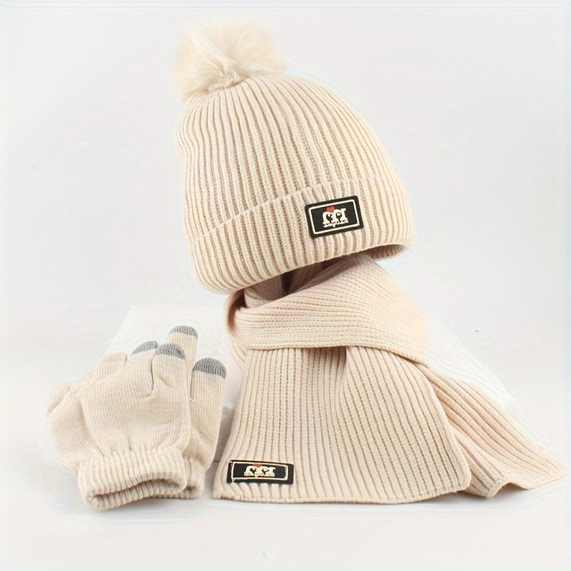 Winter Beanie Scarf Glove Set - 3 Piece Knitted Warm Accessories Kit, Elastic Polyester & Cotton Blend, Crafted Beanie with Pom Pom Detail, Cozy Knit Gloves - Unisex Cold Weather Gear