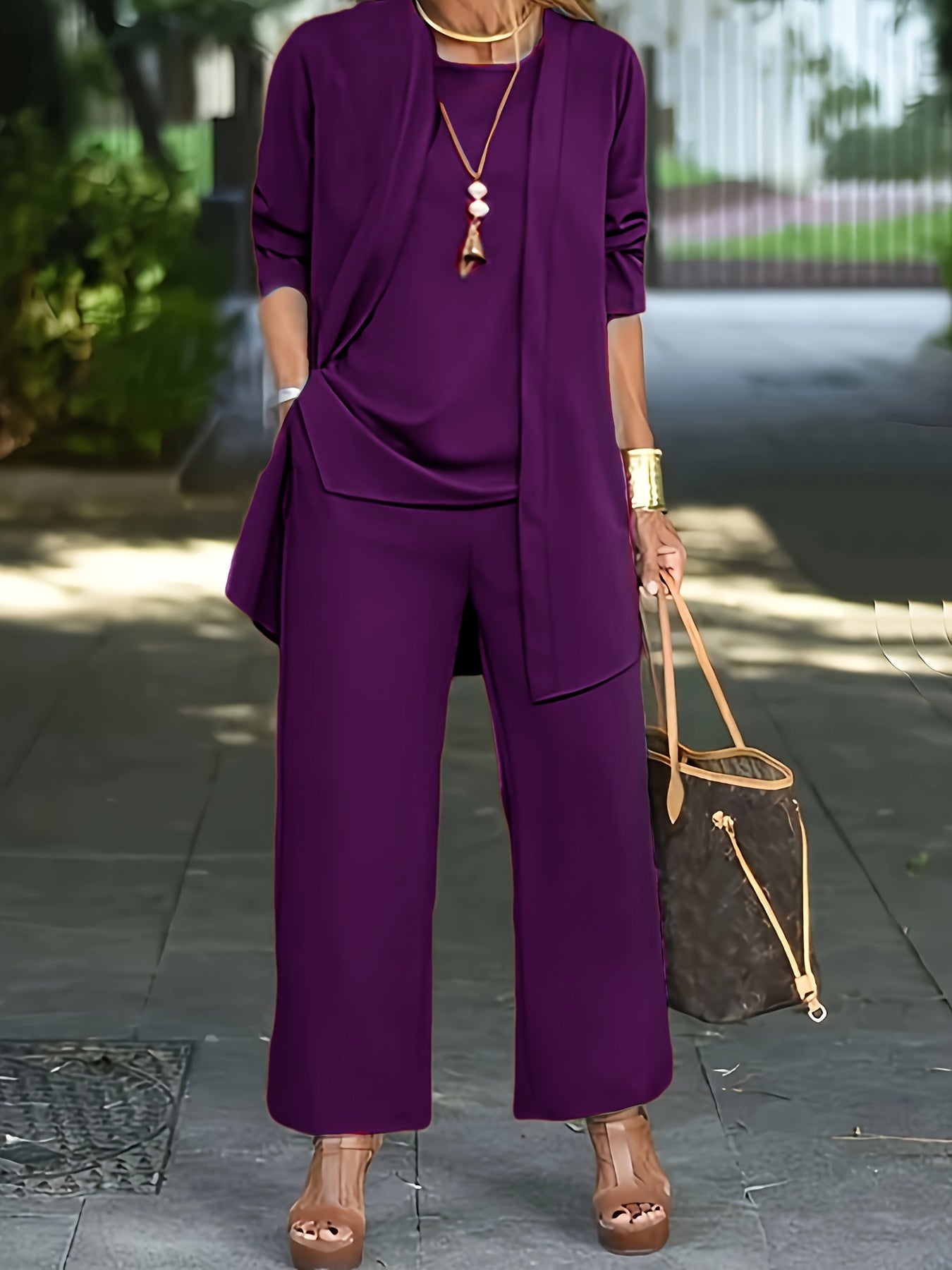 LOVECCR Casual Three-piece Solid Set, Long Sleeve Cardigan & Top & Long Pants Outfits, Women's Clothing