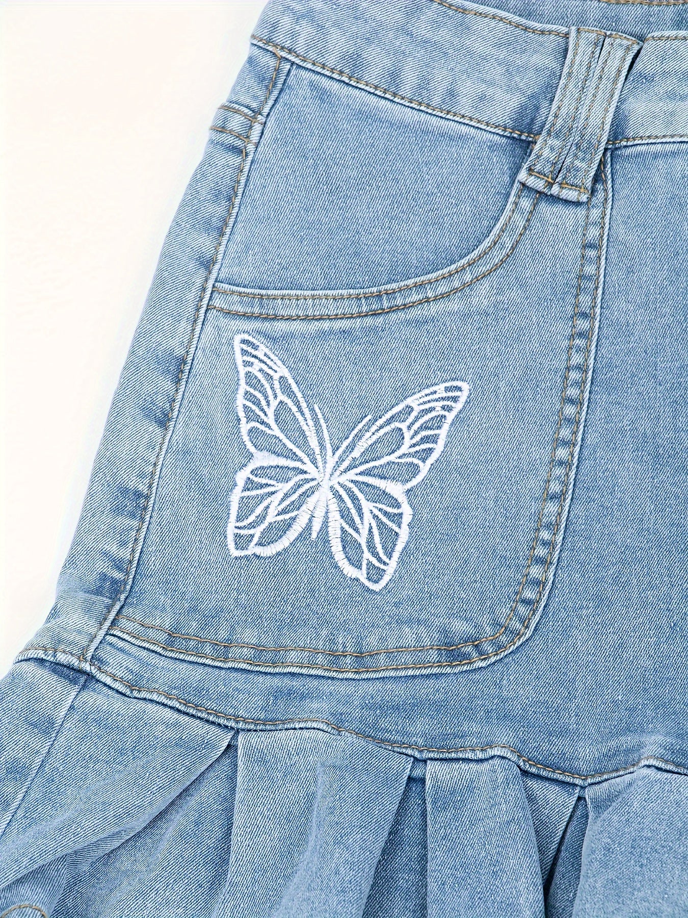 Feminine Embroidered Butterfly Denim Skirt - Stylish High-Waist Mini Skirt with Fluttery Ruffles & Comfortable Fit - Perfect for Summer Fashionistas