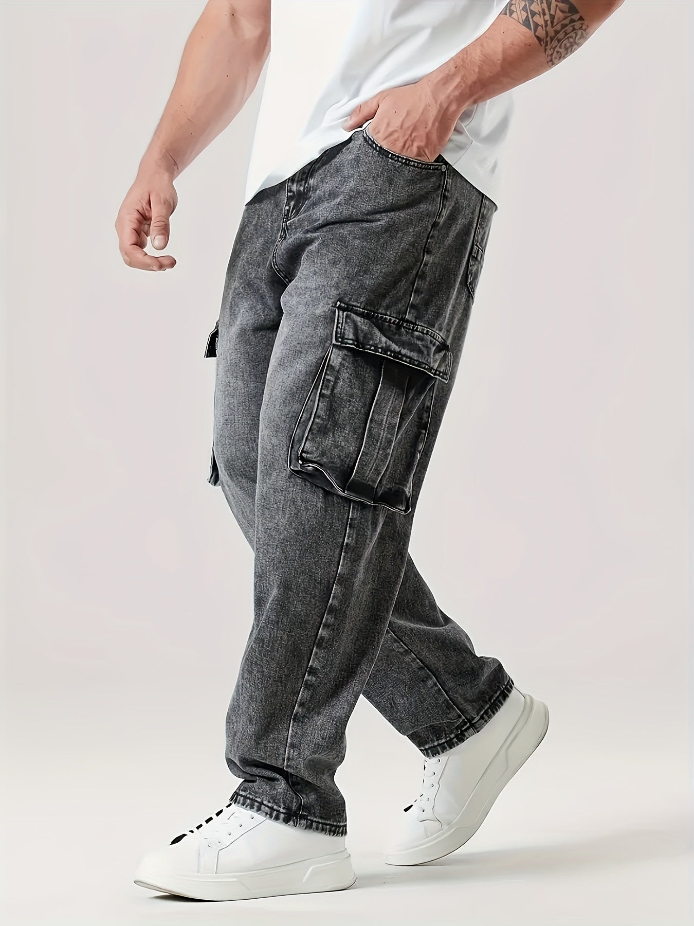 Stylish Comfy Loose Fit Wide Leg Cargo Jeans - Men's Versatile Denim Pants for Four Seasons with Multiple Pockets - Perfect for Casual Daily Wear