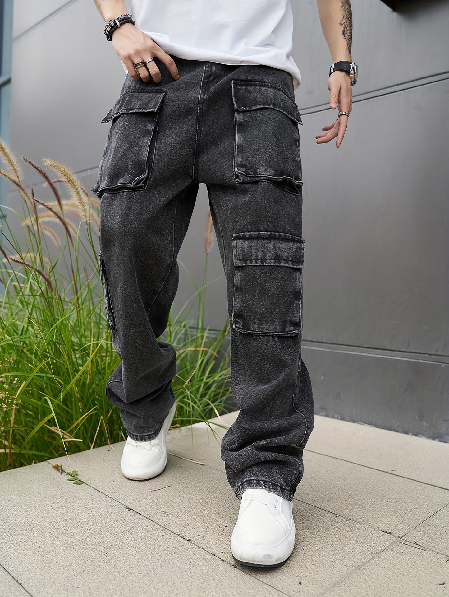 Mens Casual Loose Cargo Jeans - Solid Cotton Blend with Adjustable Drawstring & Multiple Pockets - All Seasons, Rugged for Outdoor, Leisure, and Work Wear