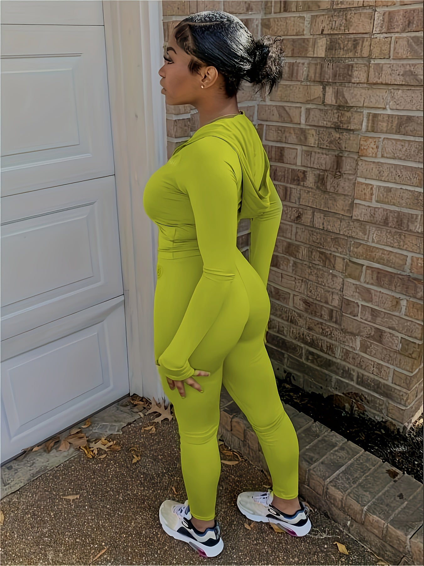 Trendy Two-Piece Crop Top and Pants Outfit - Sleek Solid Design, Long Sleeve Zip Hooded Top, Super Skinny Pants, Effortlessly Casual Style, Complete Womens Clothing Set for Everyday Wear