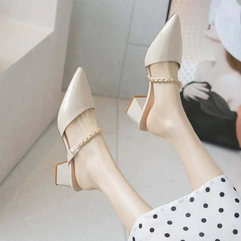 Slippers Summer Fashion Baotou Half Women Wear Pointed Thick Heel Women's Shoes In