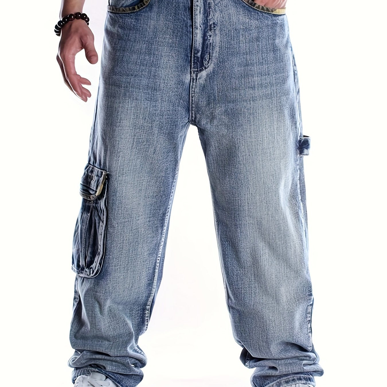 Plus Size Men's Fashionable Multi-Pocket Straight Leg Jeans - Stylish Street Dance and Skateboard Wear with Loose Fit, Round Neck, and Hip Hop Inspiration - Daily Wear for Casual Occasions