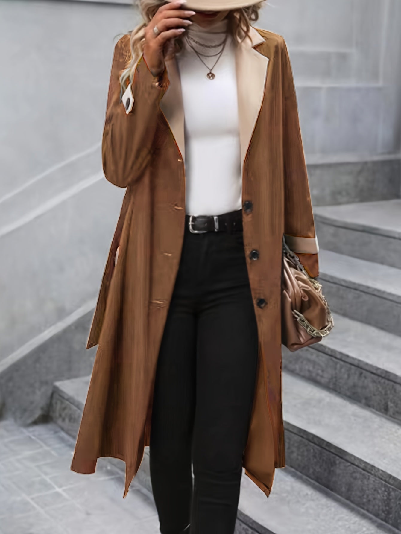 Elegant Women's Single Breasted Mid-Length Trench Coat - Classic Belted Lapel Neck Long Sleeve Open Front Outerwear for Chic Style - Water-Resistant, Windproof, and Versatile Clothing for Daily Life