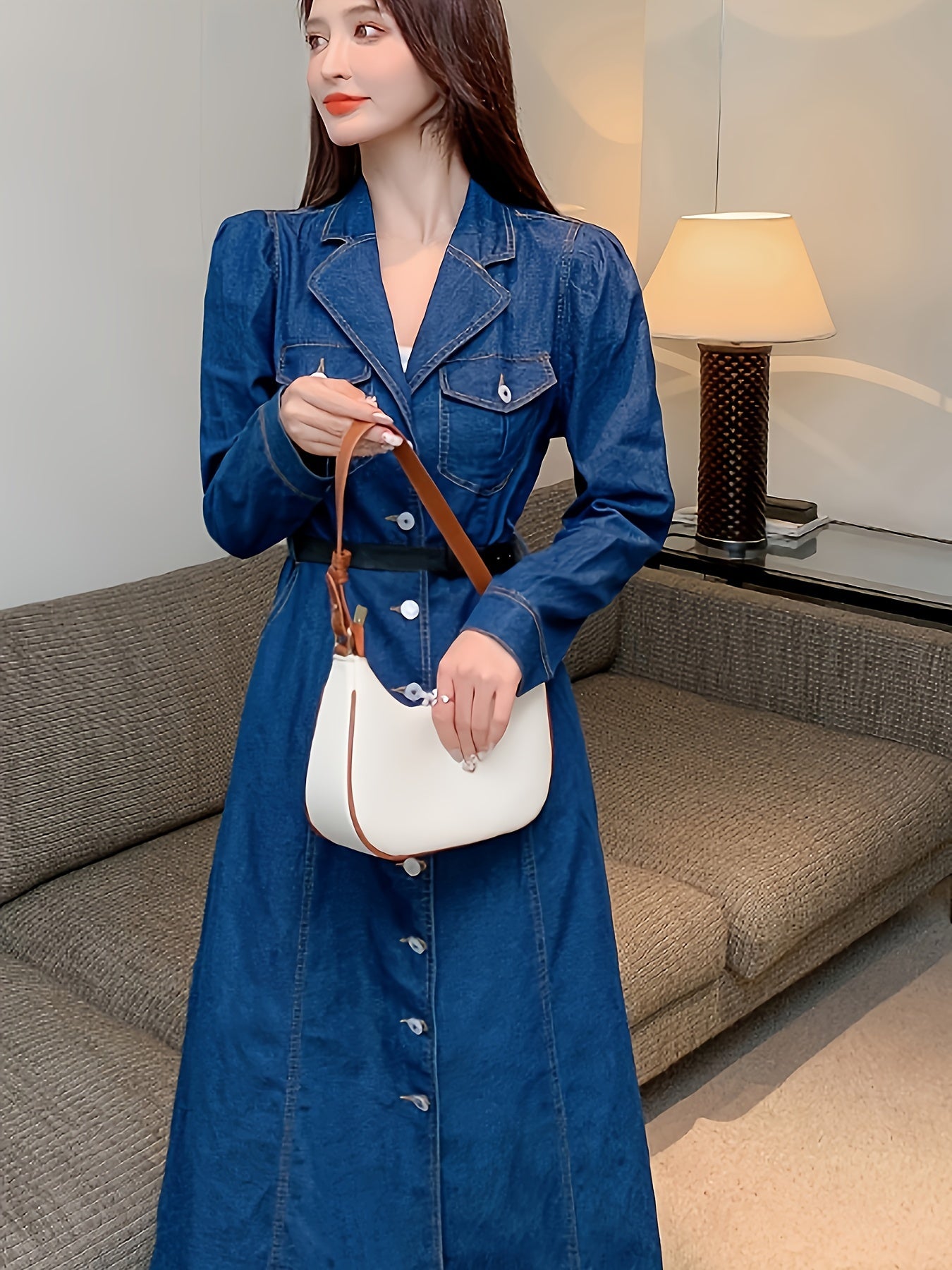 Turndown Collar Button Up Denim Dress, Long Sleeve Elegant Fitted Denim Dress With Flap Pocket, Women's Denim Clothing