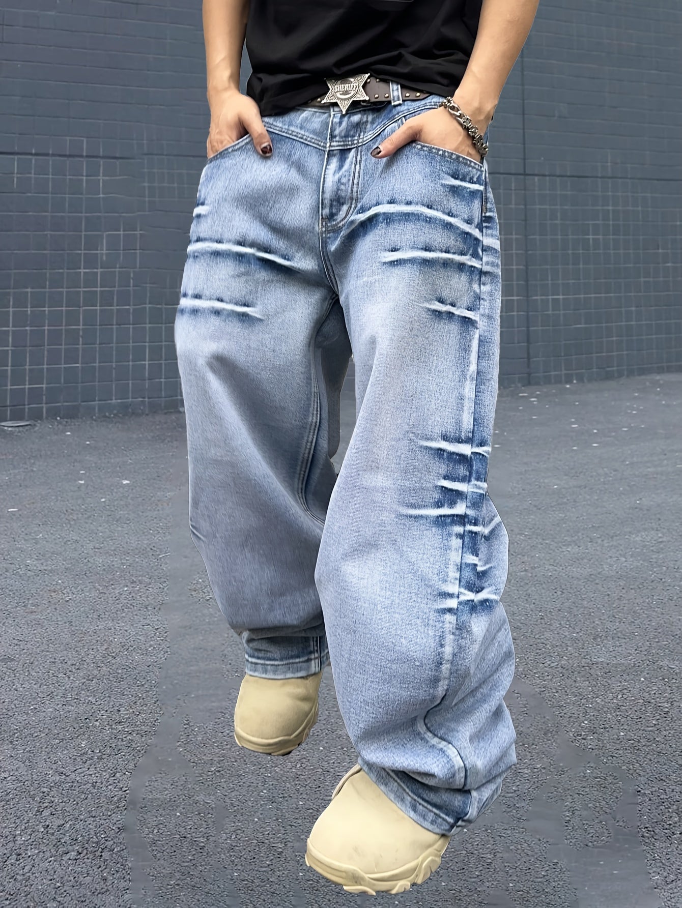 Men's Fashion Retro Washed Lightning Stripe Casual Loose Fit Cotton Blend Jeans with Pockets - Woven, Non-Stretch, Solid Color, Regular Length for Spring/Fall