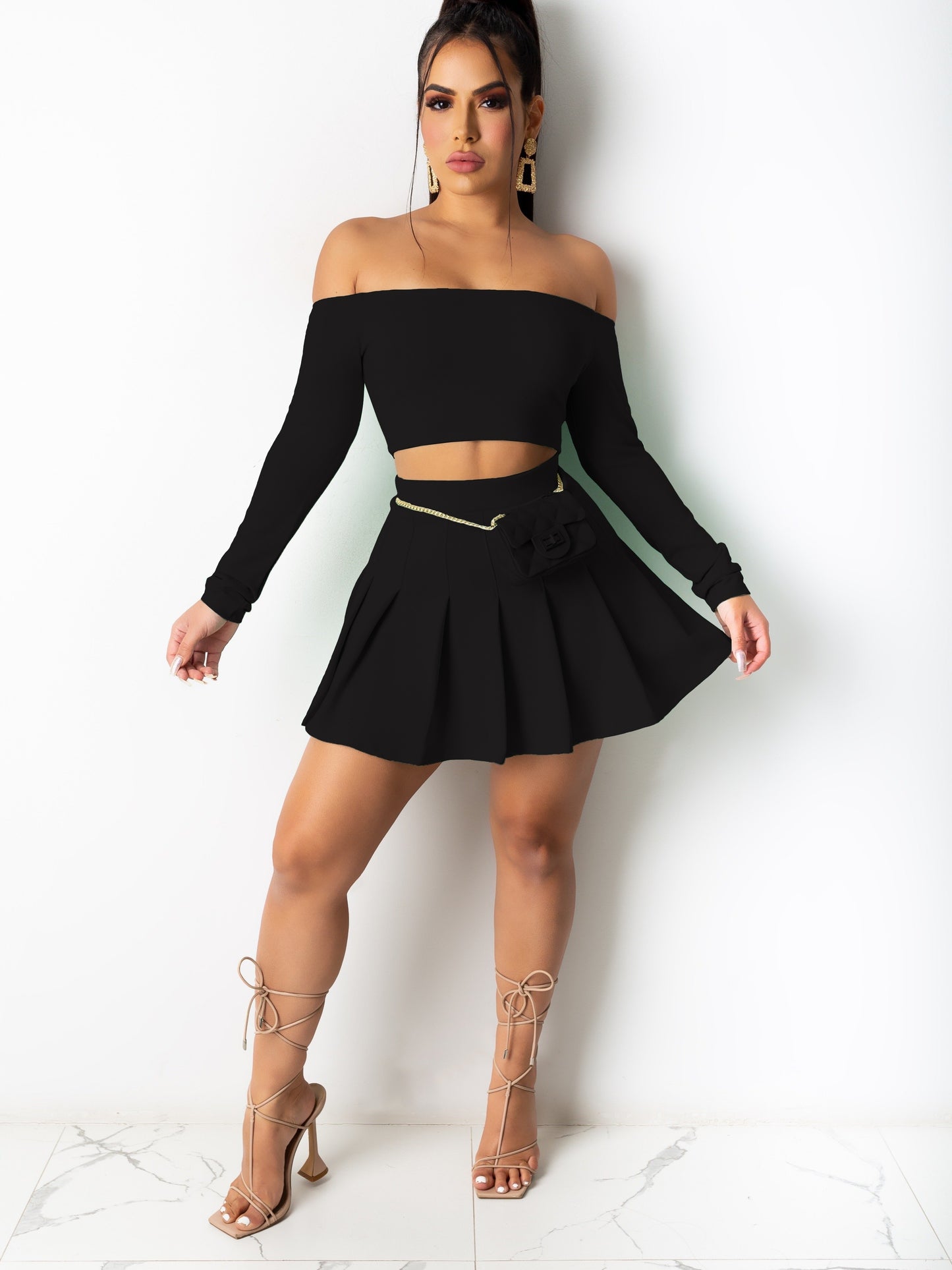 Trendy Two-Piece Skirt Suit - Elegant Off Shoulder Long Sleeve Crop Top & Pleated Mini Skirt Outfit for Women - Chic, Comfortable, and Versatile Clothing for Daily Life