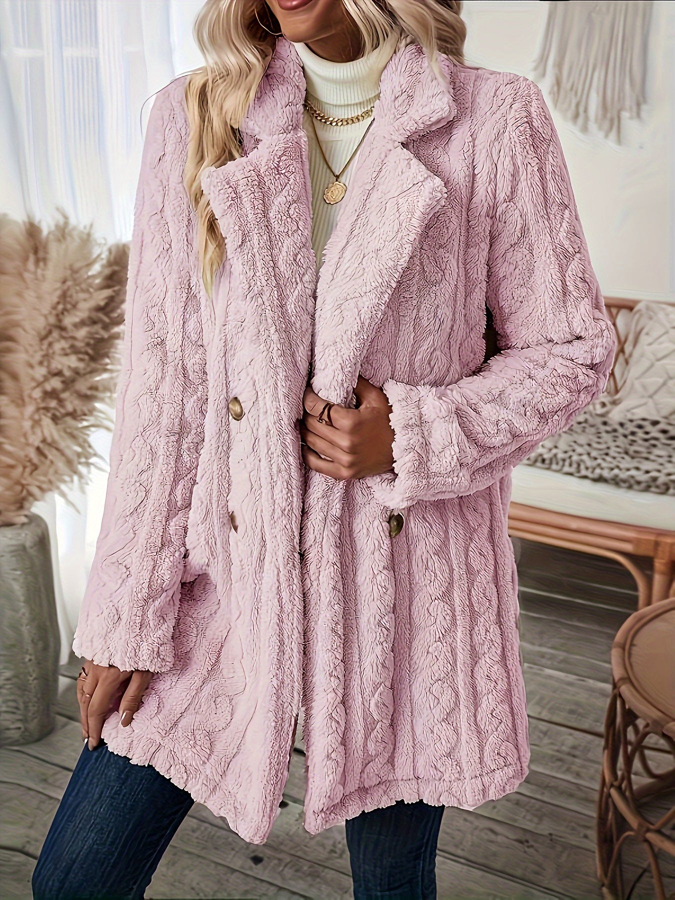 Luxurious Faux Fur Double Breasted Overcoat - Elegant Long Sleeve Warm Outerwear for Winter & Fall - Soft, Plush, and Fuzzy Women's Clothing for Cold Weather