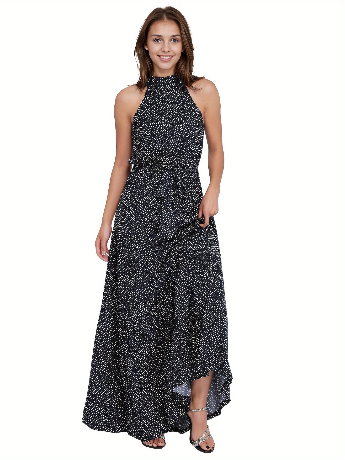 Polka Dot Halter Neck Maxi Dress, Elegant Sleeveless Belted Dress For Spring & Summer, Women's Clothing