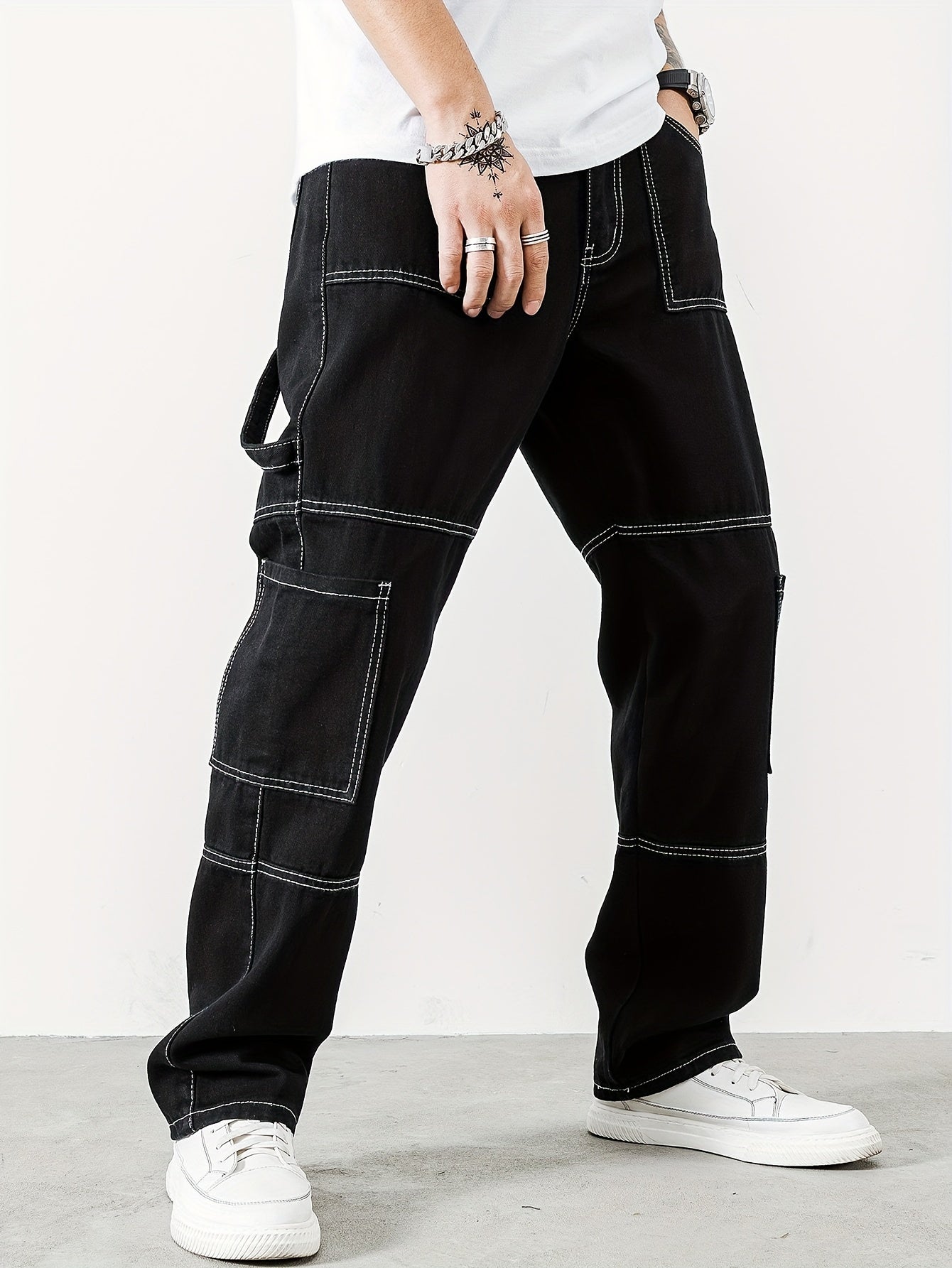 Mens Casual Cargo Pants with Spacious Pockets - Comfortable Straight Leg, Loose Fit Denim Style - Perfect for Outdoor Adventures, Trendy K-pop Inspired