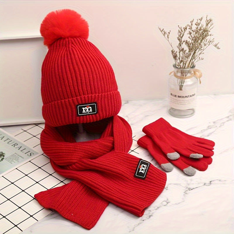 Winter Beanie Scarf Glove Set - 3 Piece Knitted Warm Accessories Kit, Elastic Polyester & Cotton Blend, Crafted Beanie with Pom Pom Detail, Cozy Knit Gloves - Unisex Cold Weather Gear