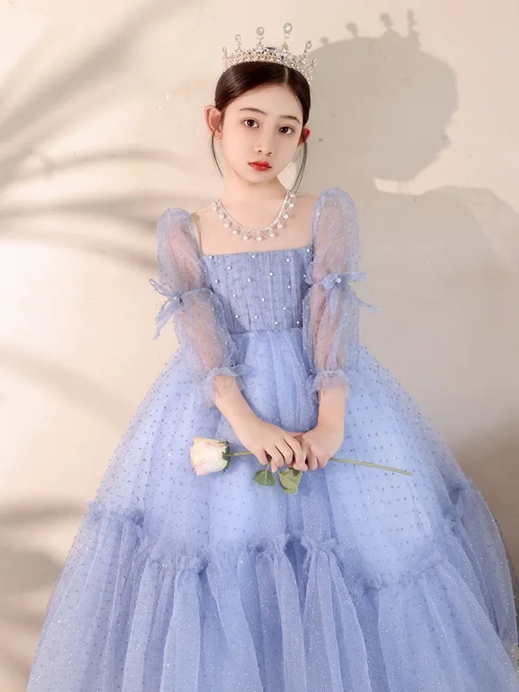 Cute Blue Flower Girls Dresses Long Sleeve Bead Princess Kids Floor Length Bridesmaid Dress Ball Girl Pageant Gown Shiny Bling Birthday Gowns 403