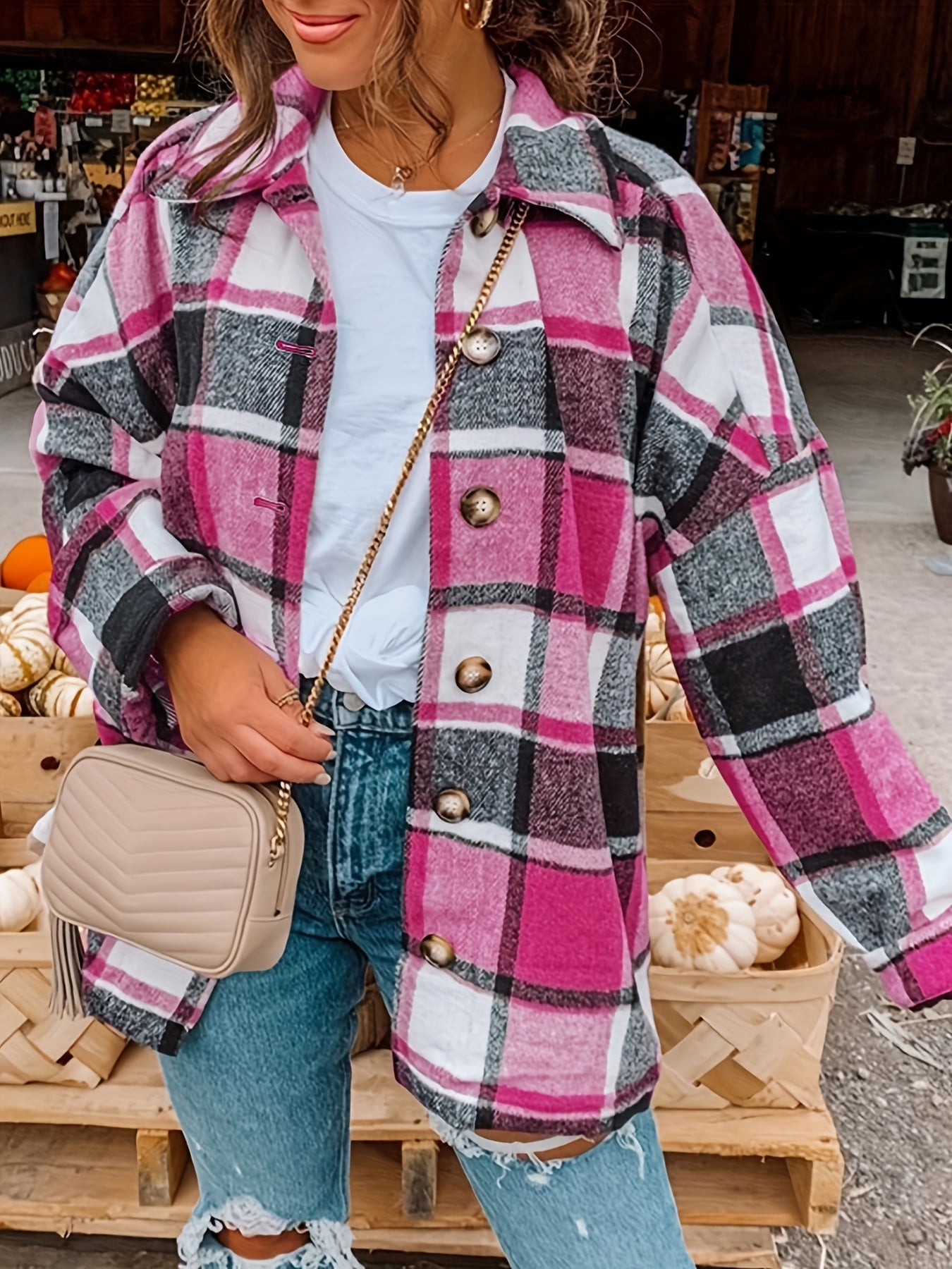 Plaid Shacket with Lapel Collar - Soft Slight Stretch Tweed Fabric, Loose Fit, Micro Elasticity, Random Printing, Perfect for Fall & Winter - Womens Casual Long Sleeve Bomber Jacket