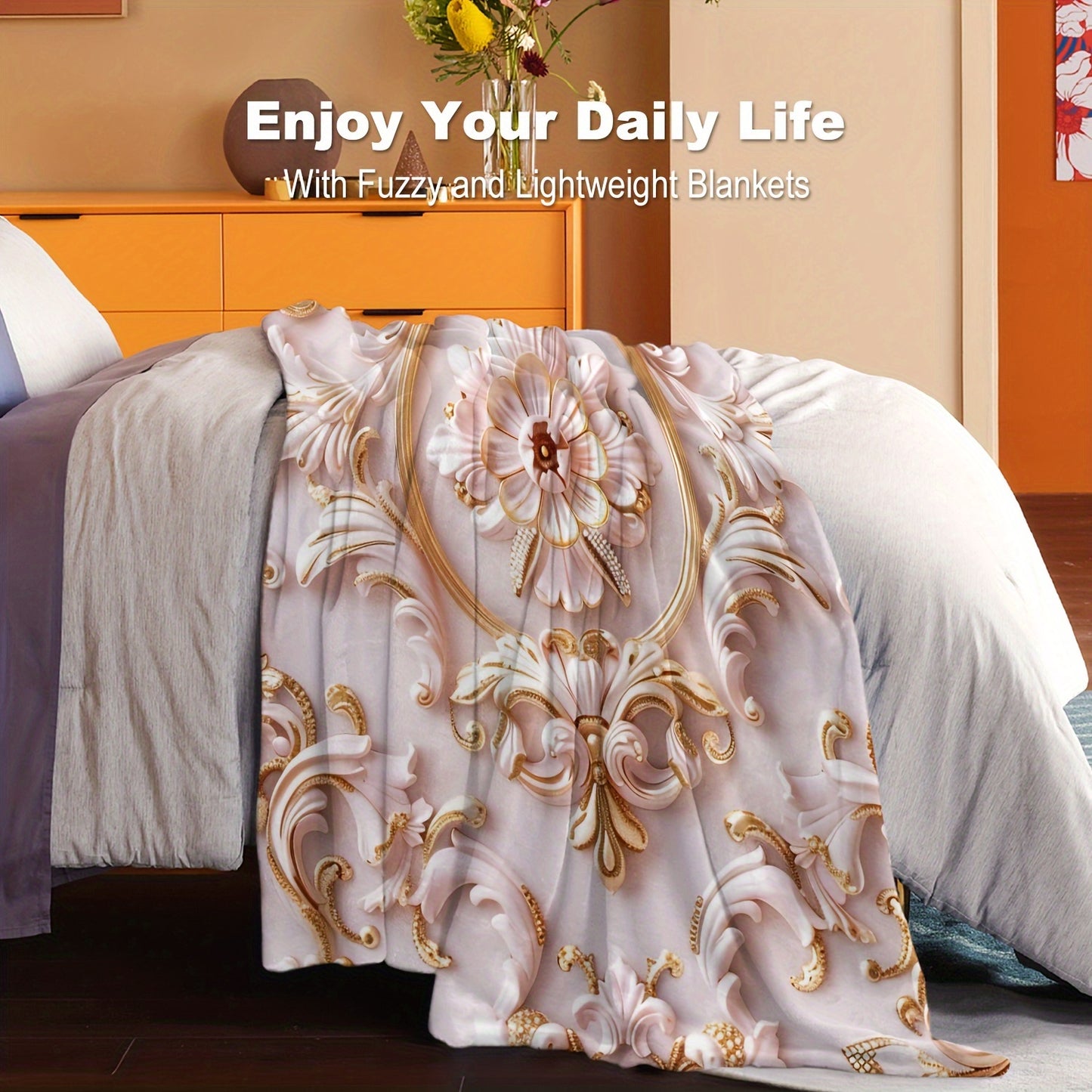1pc Pink Flower Print Flannel Blanket, Soft And Comfortable Throw Blanket Bed, Sofa, Office, Gift, Camping And Travel, Warm Lightweight Blanket For All Seasons
