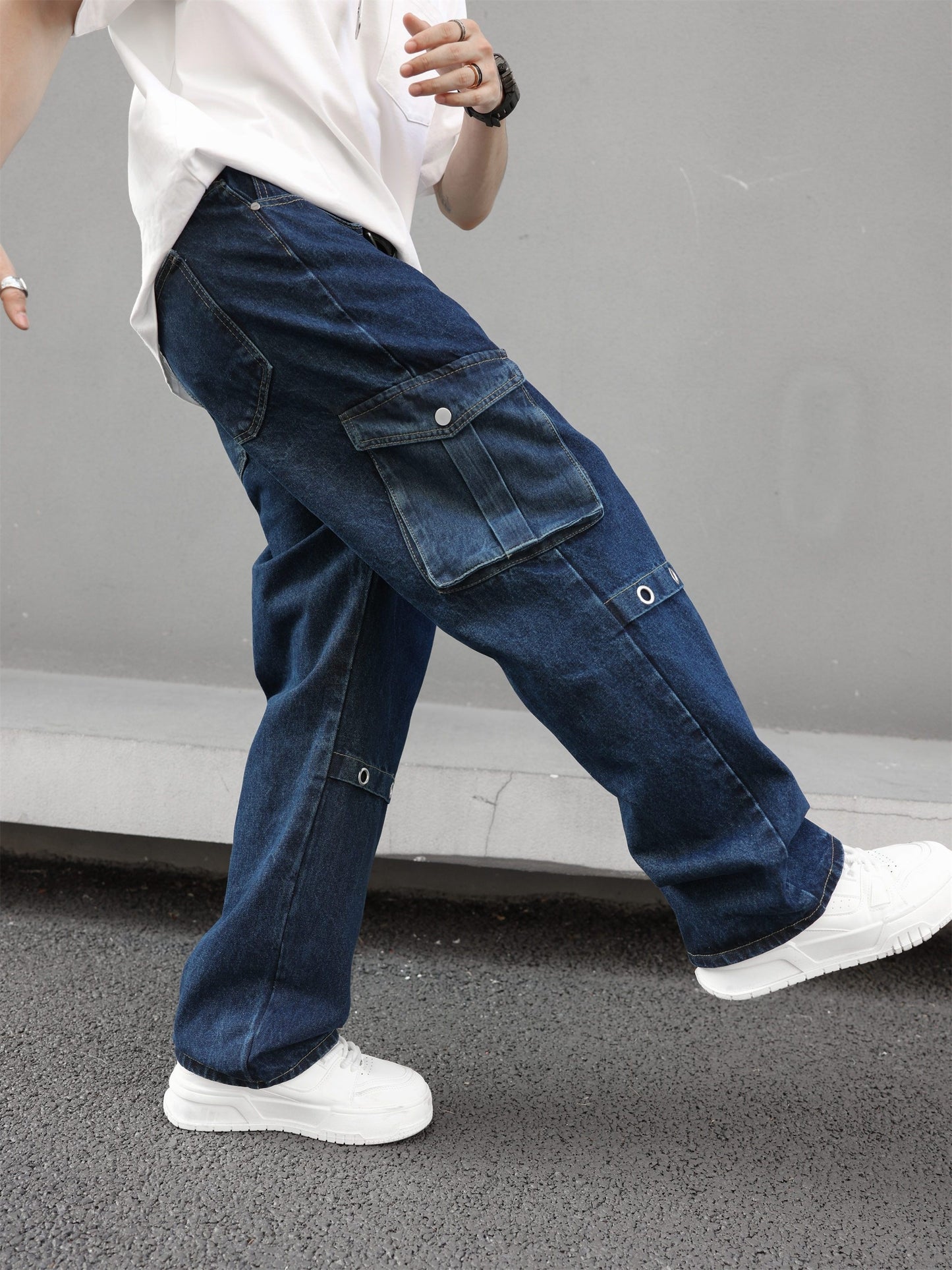 Men's Casual Loose Fit Jeans, Chic Street Style Multi Pocket Denim Pants