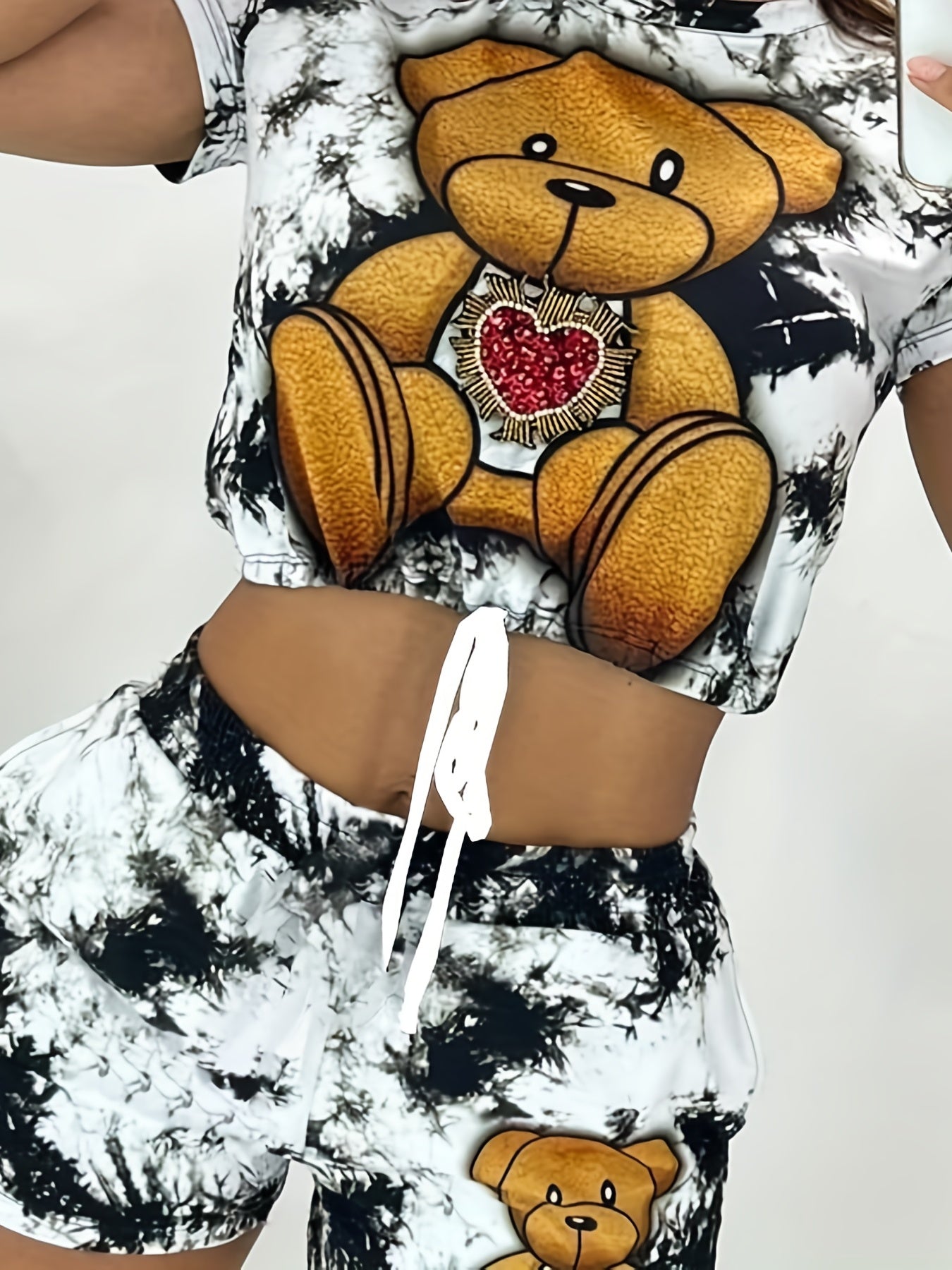 Adorable Womens Cartoon Bear Print Two-Piece Set - Comfortable Short Sleeve Tee with Adjustable Drawstring & Elastic Waist Shorts Outfit for Casual Summer Style