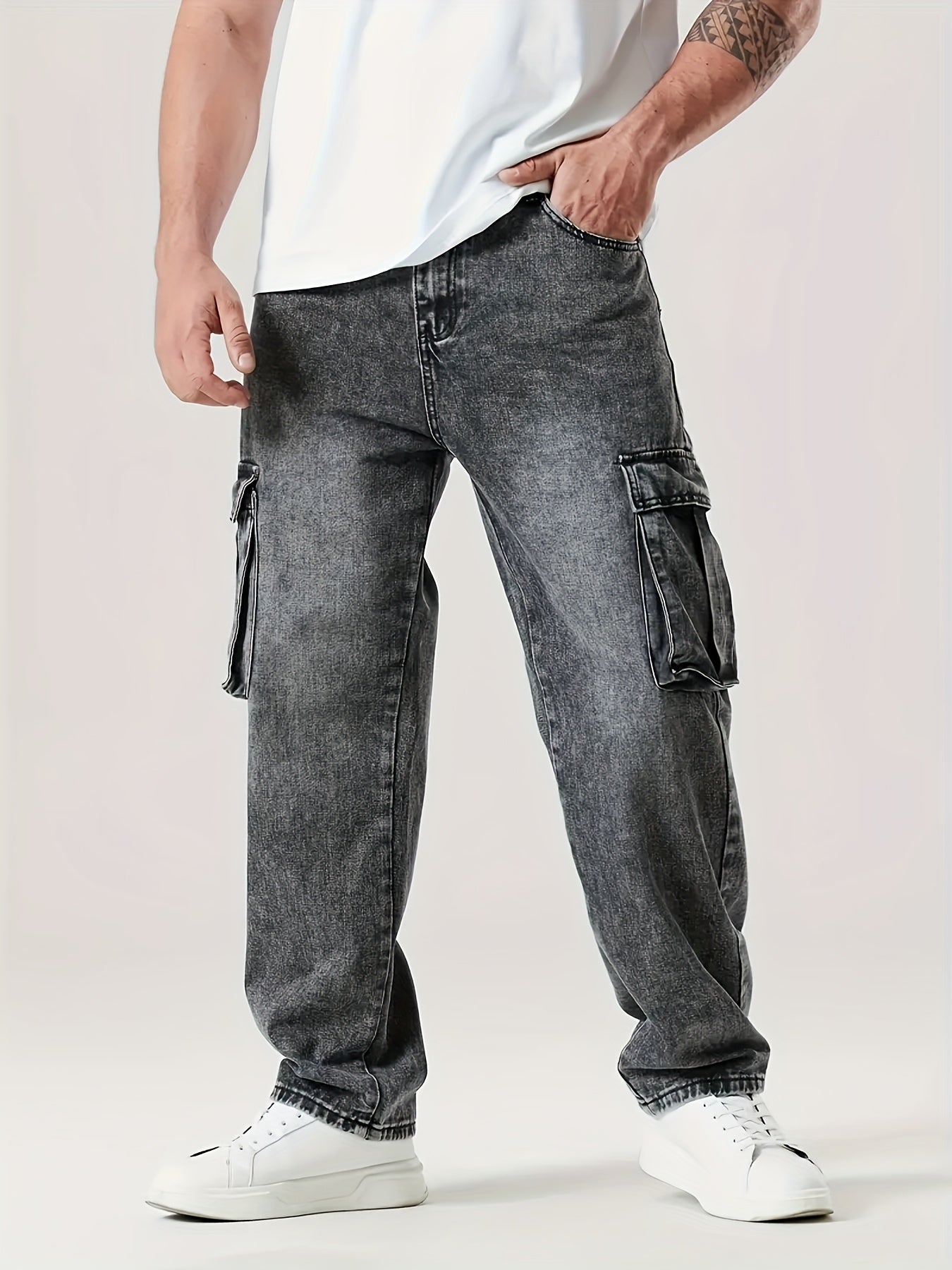 Stylish Comfy Loose Fit Wide Leg Cargo Jeans - Men's Versatile Denim Pants for Four Seasons with Multiple Pockets - Perfect for Casual Daily Wear
