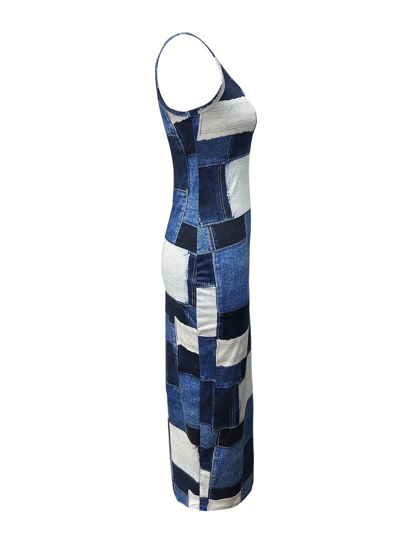 Patchwork Print Bodycon Dress, Elegant Spaghetti Strap Sleeveless Dress, Women's Clothing