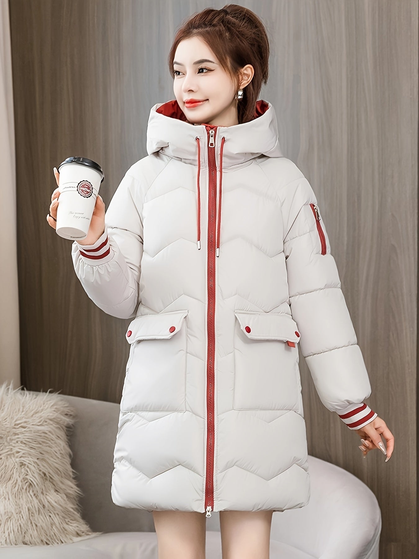 Midi Length Raglan Sleeve Hooded Jacket - Contrast Trim Zipper Front, Flap Pockets, Long Sleeve, Solid Color, Machine Washable, Casual Polyester Outerwear - Womens Clothing