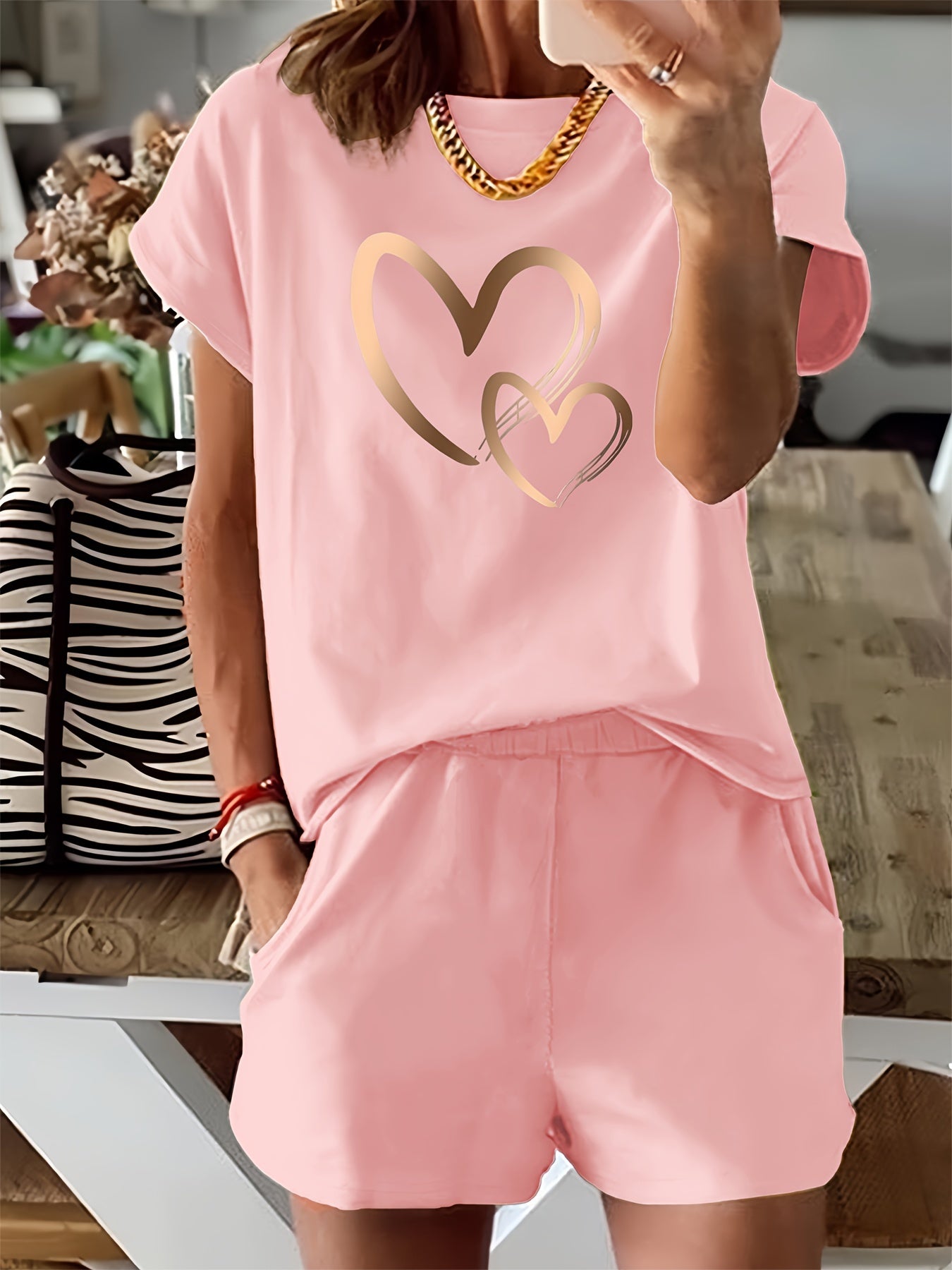 Trendy Two-Piece Heart Print Pantsuit - Casual Crew Neck Short Sleeve T-shirt & Elastic Waist Slant Pocket Shorts Outfit - Comfortable Women's Clothing for Daily Wear