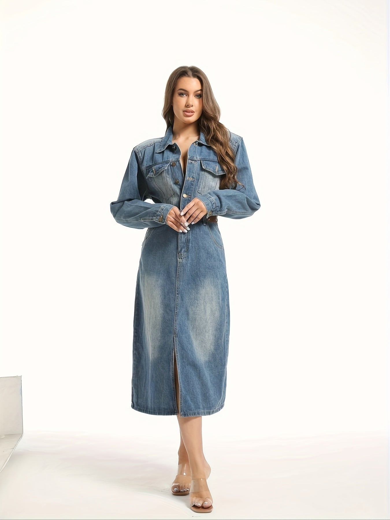 Split Hem Single-breasted Long Sleeve Denim Dress, Lapel Washed Blue Retro Elegant Denim Dress, Women's Denim Jeans & Clothing