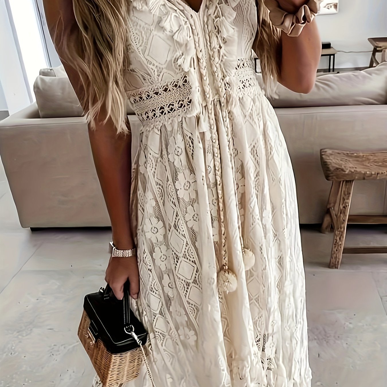 Chic Sleeveless Lace Cami Dress - Elegant Dipped Hem & Tassel Detail - Versatile for Evening & Casual Wear
