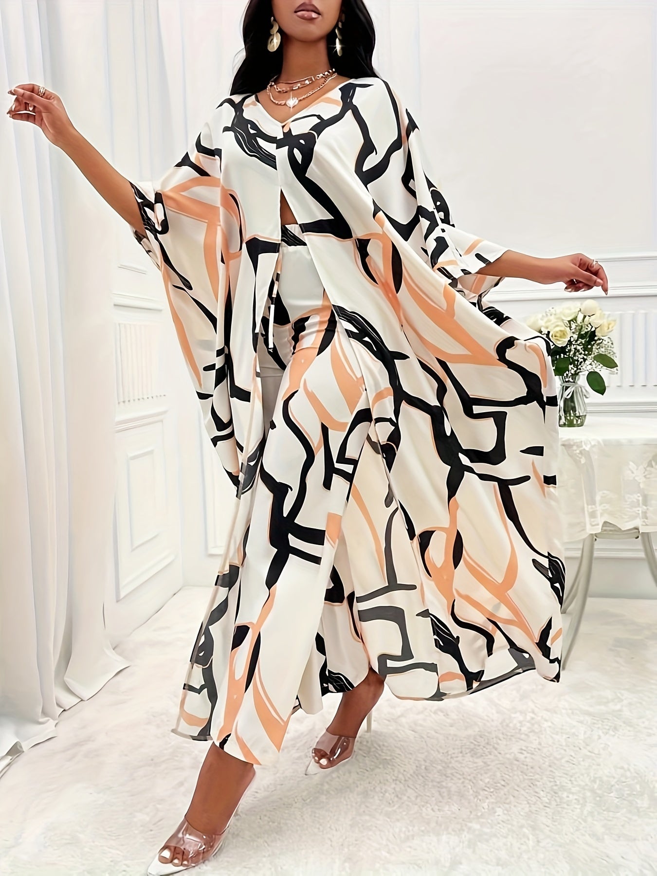 Two-Piece All Over Print Elegant Outfit - V Neck Batwing Sleeve Slit Top & High-Waisted Pants Set - Polyester, Non-Elastic, Woven, Random Print, Suitable for All Seasons