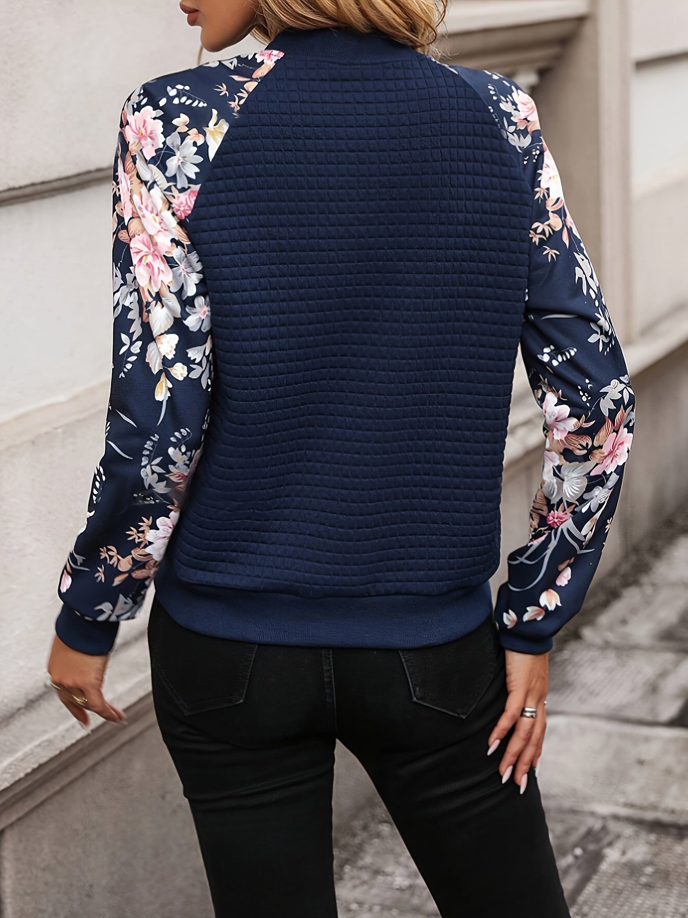Vibrant Floral Print Waffle Jacket - Cozy Long Sleeve, Baseball Collar, Zip-Up Design, Soft and Breathable, Perfect for Spring and Fall, Women's Casual Outerwear