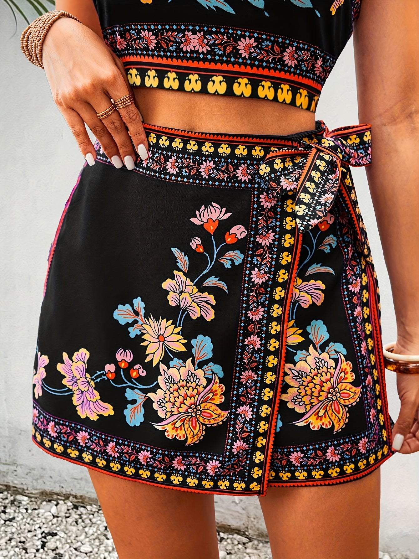 Vibrant Floral Crop Top & Mini Skort Outfit Set - Backless Halter Neck, Tied Waist, Wrap Design, Two-Piece, Vacation-Ready, Women's Summer Clothing