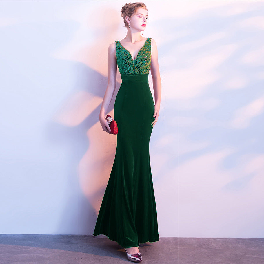 923 #winter full diamond velvet evening dress long double shoulder banquet toast dress slim and thin fishtail host
