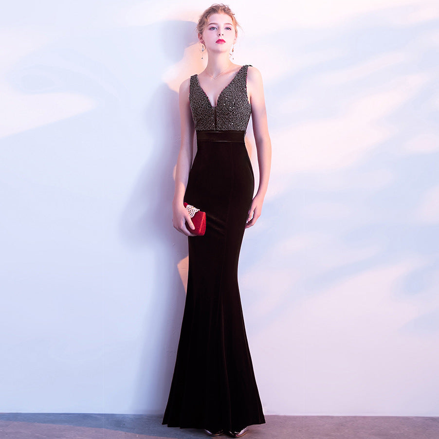 923 #winter full diamond velvet evening dress long double shoulder banquet toast dress slim and thin fishtail host