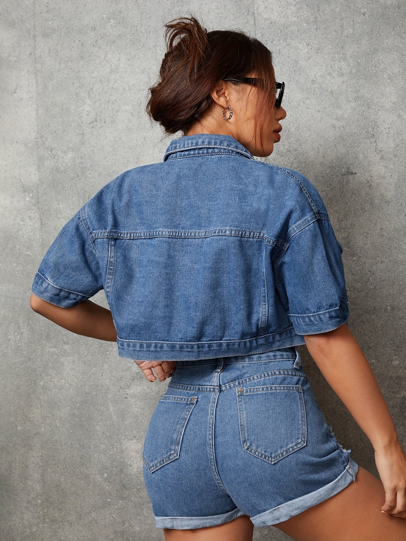 Stylish Denim Top - Sleek Short Sleeves, Eye-Catching Studded Accents, Classic Lapel Collar, Timeless Single-Breasted Design, Relaxed Fit for Everyday Wear - Womens Fashion, Part of Our Denim Collection