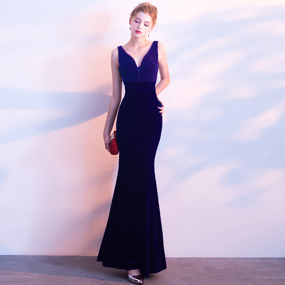 923 #winter full diamond velvet evening dress long double shoulder banquet toast dress slim and thin fishtail host