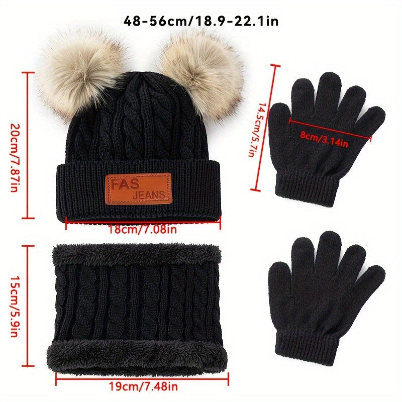 2pcs+1pair Winter Warm Double Fur Ball Knitted Hat, Neck Scarf And Gloves For Winter