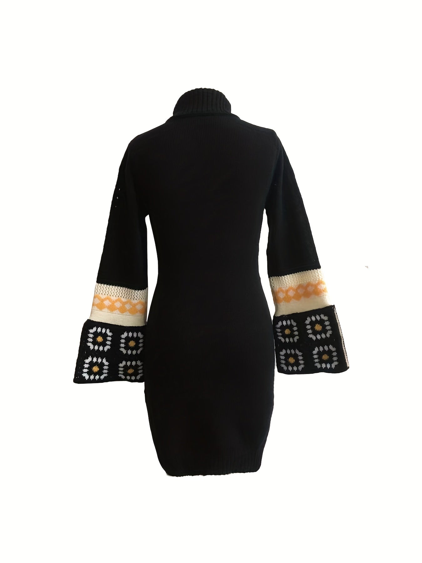 Bohemian Chic Patchwork Turtleneck Knitted Dress - Cozy Flared Cuff Long Sleeve Style - Trendy Womens Winter Wear