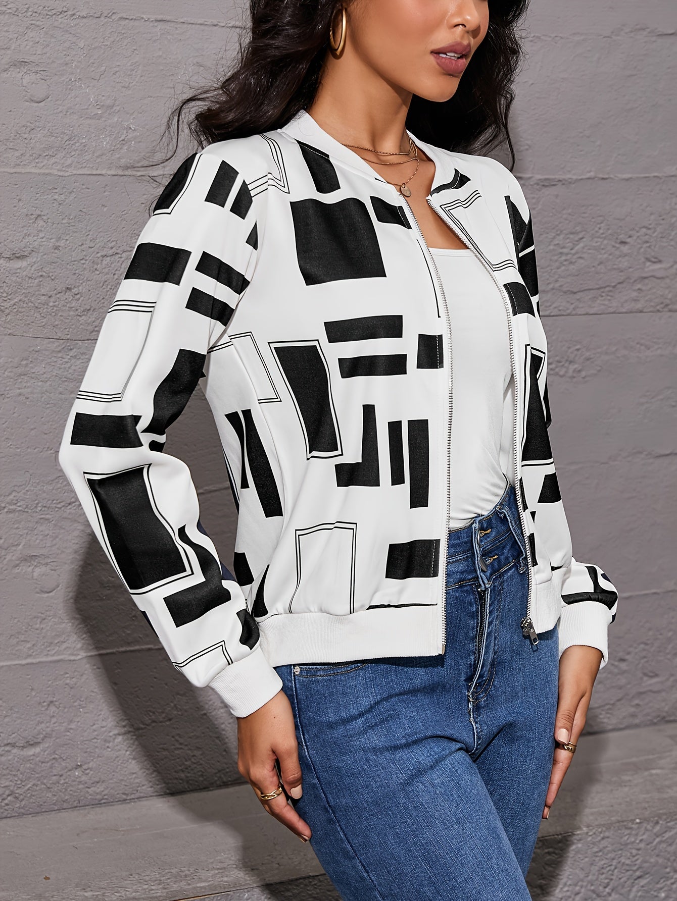 Vibrant Geometric Print Zip-Up Bomber Jacket - Stylish Long Sleeve Casual Wear for Spring & Fall Seasons - Women's Fashion Clothing for Everyday Comfort