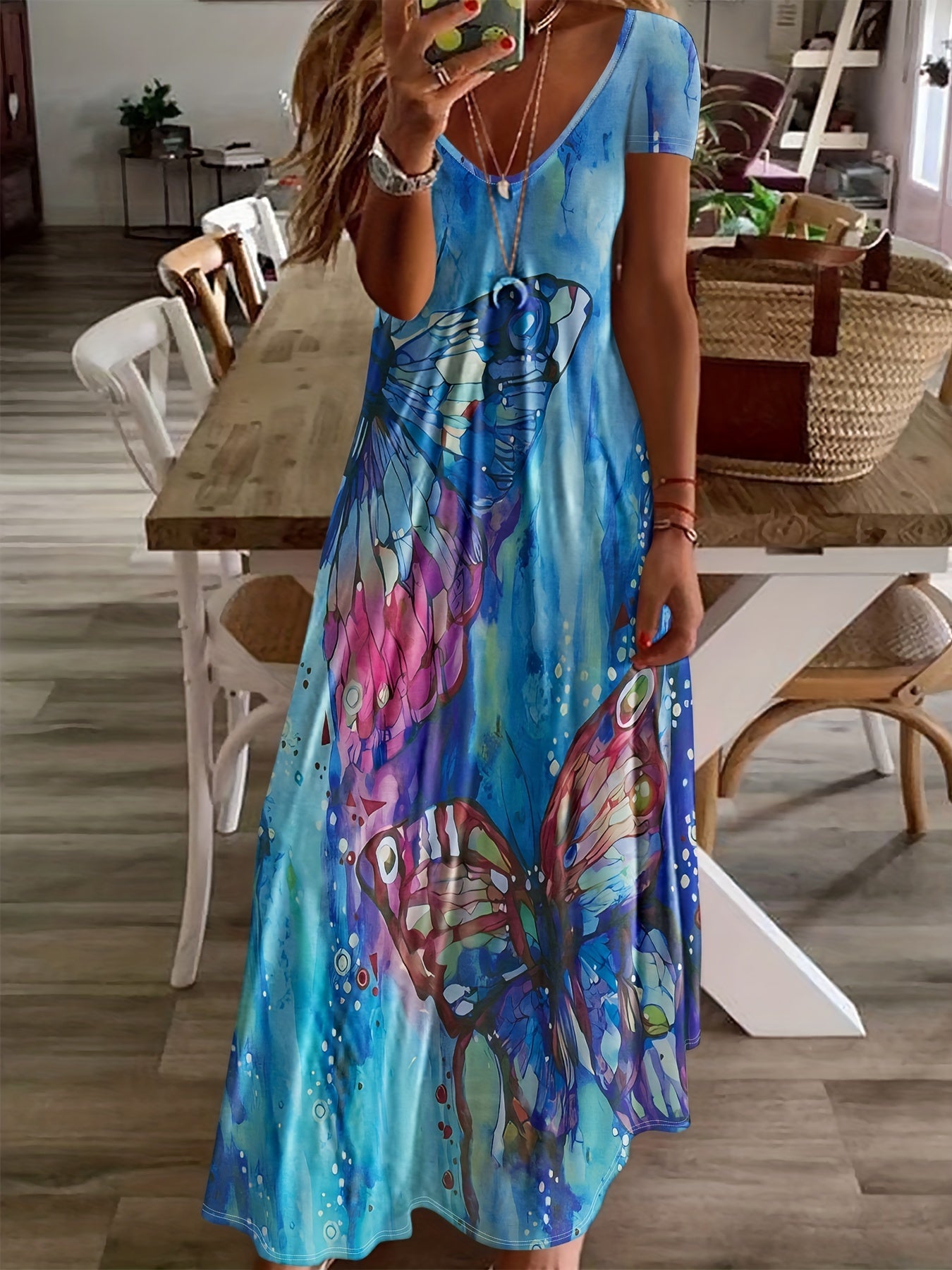 Butterfly Print V-Neck Casual Dress - Lightweight & Feminine for Spring & Summer - Short Sleeve, Comfortable Fit - Trendy Womens Clothing for Warm Weather