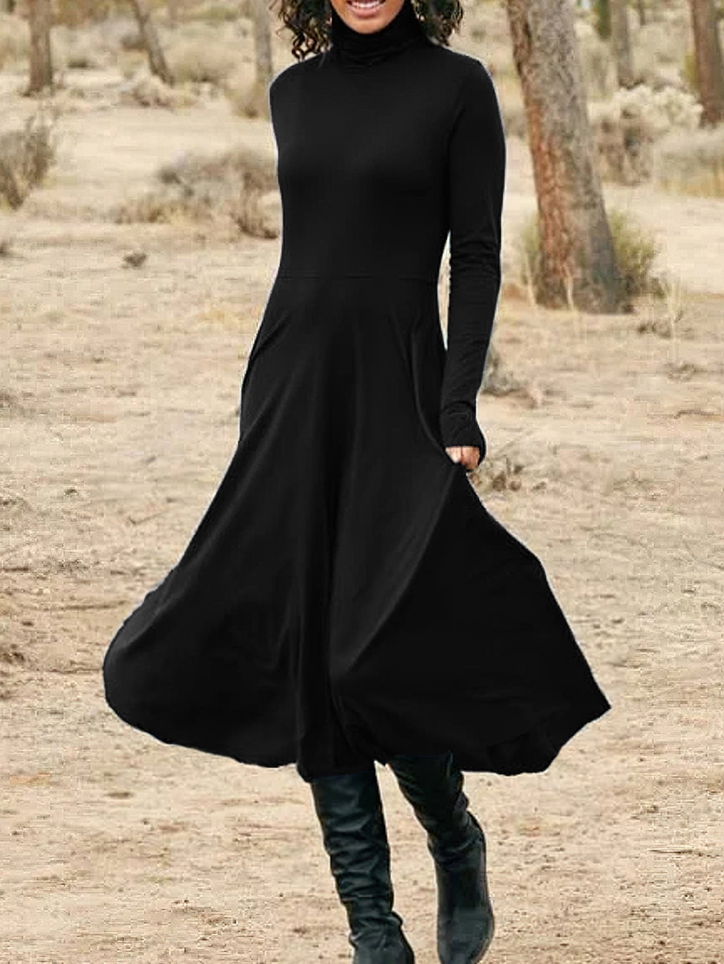 Midi Solid High Neck Long Sleeve Elegant Daily Dress for Women - Comfortable, Versatile, and Chic Clothing for Work, Date, or Casual Occasions - Perfect for Spring, Summer, and Autumn Seasons